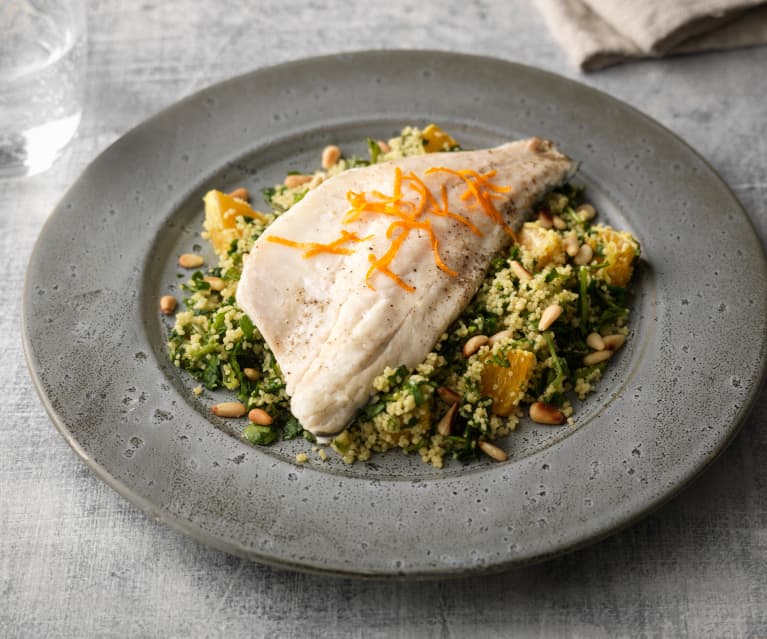 Steamed Sea Bass with Watercress Orange Couscous