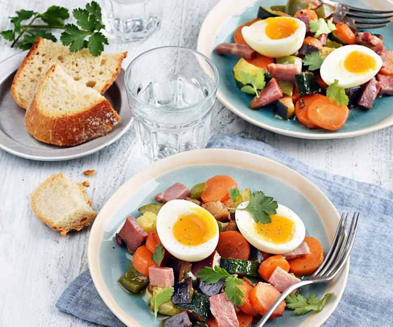 Œufs mollets, ratatouille et jambon Œufs mollets, ratatouille et jambon