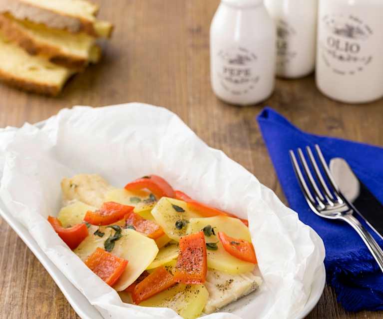 Baccalà con patate e peperoni alla maggiorana Baccalà con patate e peperoni alla maggiorana