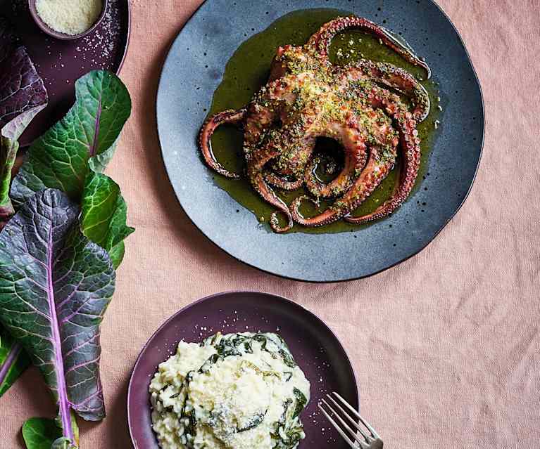 Polvo no forno com risoto de grelos Polvo no forno com risoto de grelos