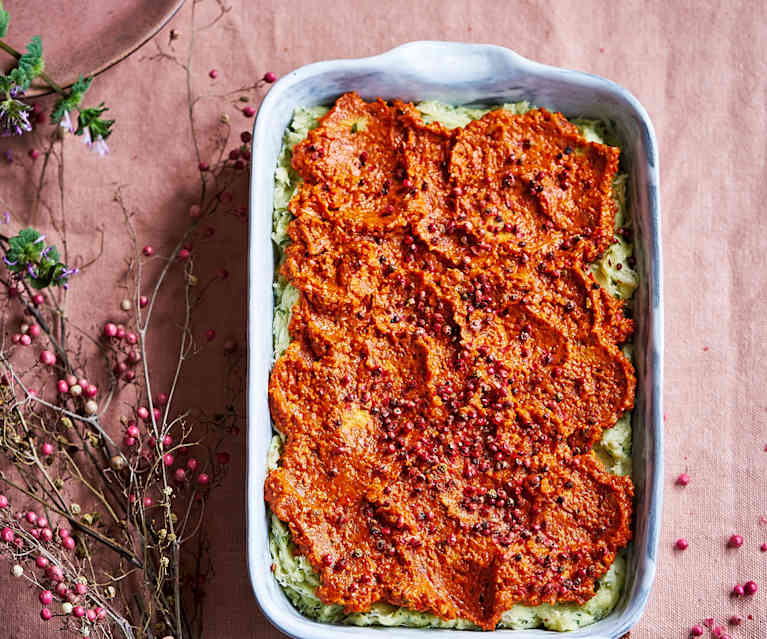 Bacalhau com puré de ervas e coulis de pimentos Bacalhau com puré de ervas e coulis de pimentos