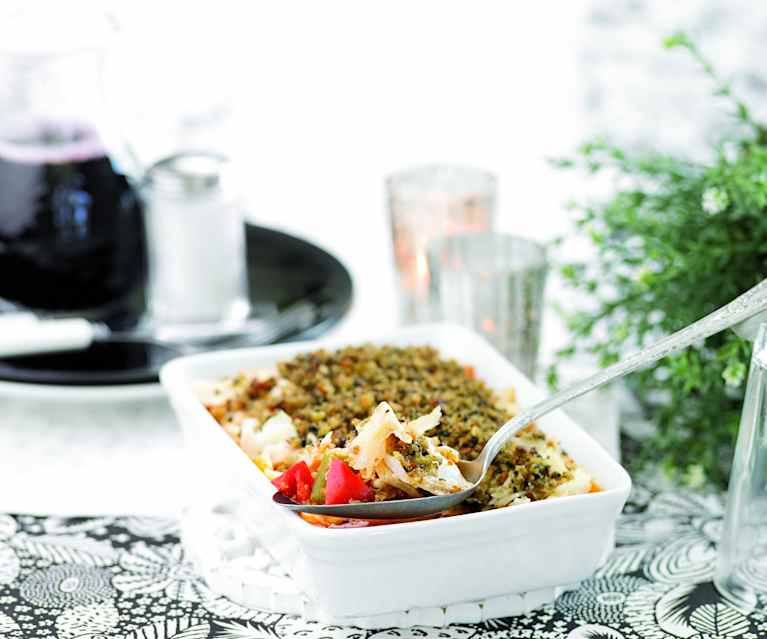 Crumble di merluzzo con pomodori e peperoni Crumble di merluzzo con pomodori e peperoni