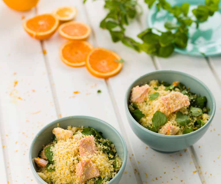 Orange couscous with steamed salmon