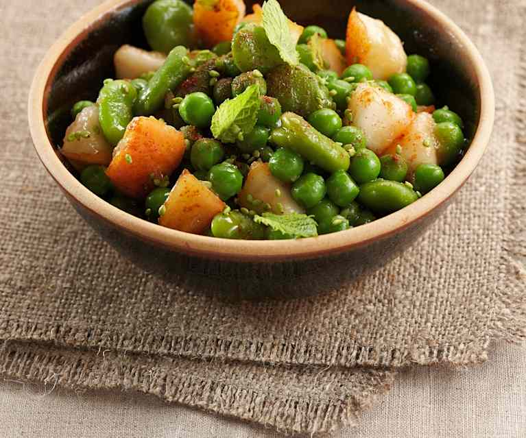 Fèves, petits pois et poires aux épices douces Fèves, petits pois et poires aux épices douces