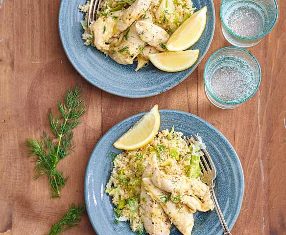 Poulet au citron et zaatar, boulgour au poireau