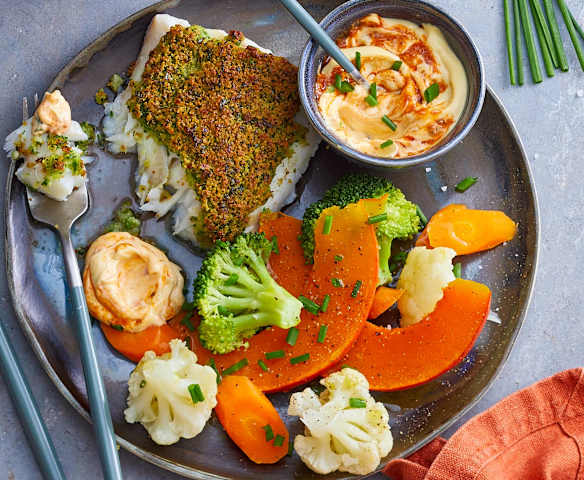 Cabillaud en croûte de persil, mayonnaise épicée