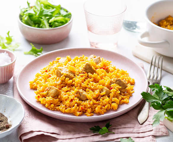 Arroz con solomillo de cerdo en su punto