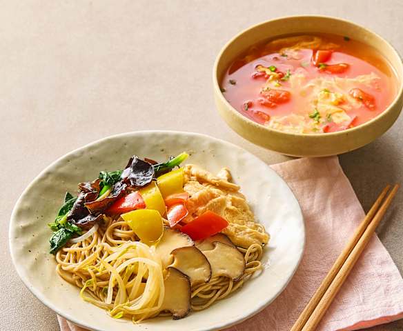 晚餐(鸡肉荞麦凉面、番茄鸡蛋汤) 晚餐(鸡肉荞麦凉面、番茄鸡蛋汤)