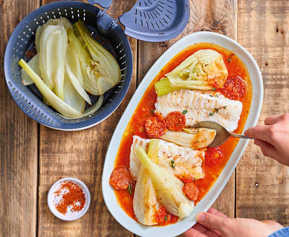 Cabillaud au chorizo, tomates et fenouil