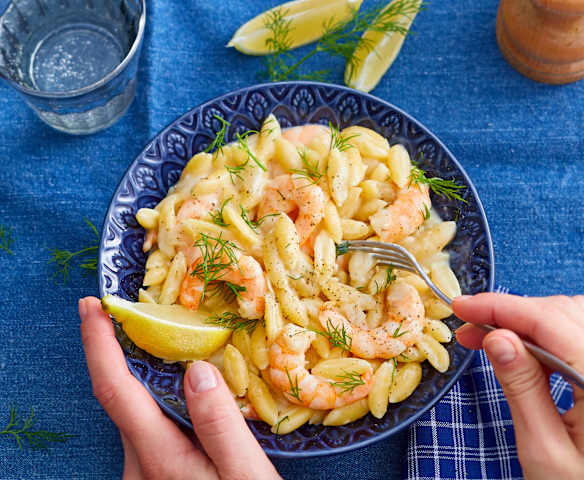 One pot de petites pâtes, crevettes, crème à l’aneth et citron