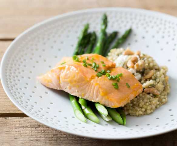 Salmon Fillets with Orange Glaze, Buckwheat Risotto and Steamed Asparagus Salmon Fillets with Orange Glaze, Buckwheat Risotto and Steamed Asparagus