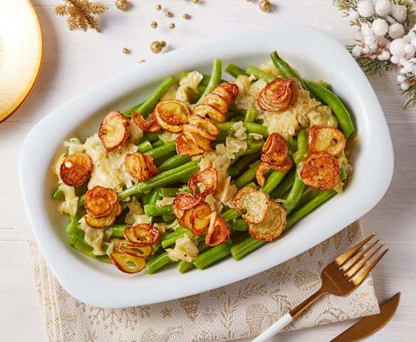 Garlicky Green Beans with Crispy Potato Spirals