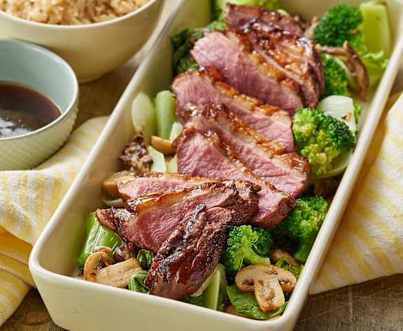 Five-spice Duck with Mushrooms, Asian Vegetables and Rice Five-spice Duck with Mushrooms, Asian Vegetables and Rice