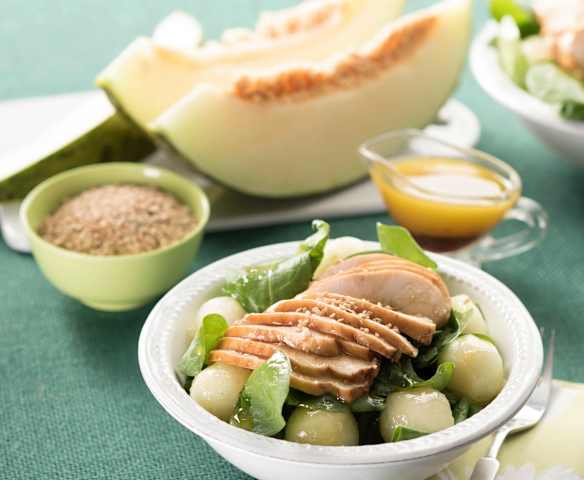 Ensalada de espinacas, pollo y melón
