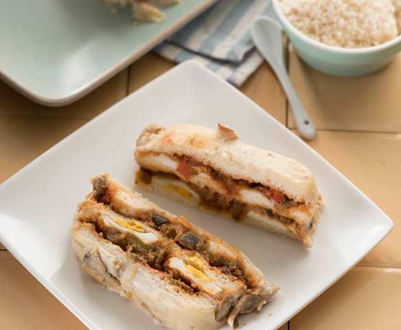Terrina de pisto con salsa de champiñones