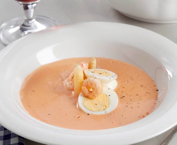 Crema de espárragos y gambas