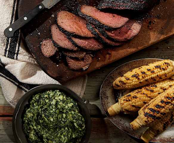 Beef tri-tip, charred corn and creamed spinach