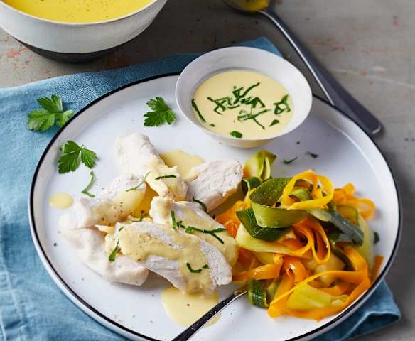 Menu with Vegetable Soup, Chicken with Mustard Sauce and Steamed Vegetables Menu with Vegetable Soup, Chicken with Mustard Sauce and Steamed Vegetables