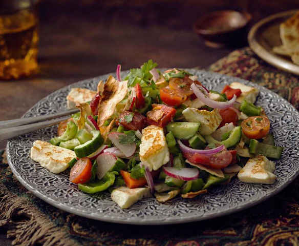 Fattoush met huisgemaakte, gegrilde halloumi