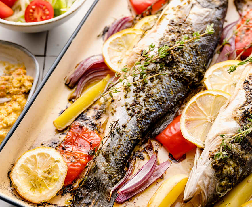 Saibling nach italienischer Art mit Paprikadip und Fenchelsalat ... Saibling nach italienischer Art mit Paprikadip und Fenchelsalat ...