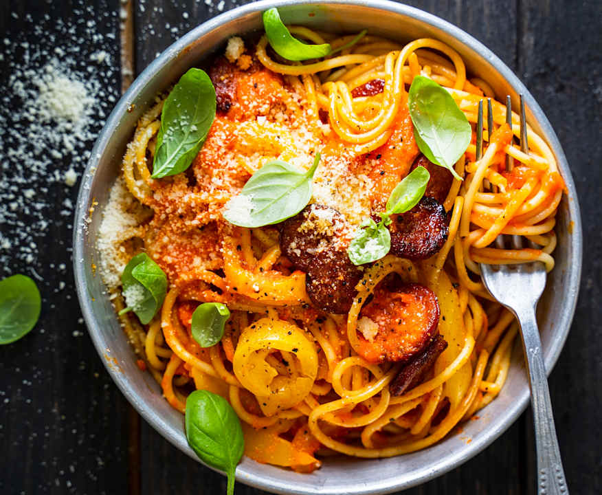 Spaghetti à la crème de poivron et au chorizo - Cookidoo® – la