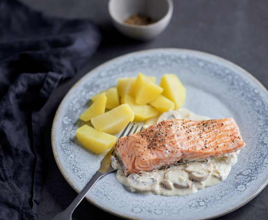 Lachs mit Champignon-Sahne-Sauce und Kartoffeln