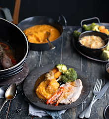 Maiale arrosto con verdure e purè di patate dolci