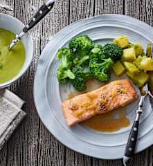 Menu with Ginger-Pea Soup, Lemon Salmon, Broccoli and Potatoes