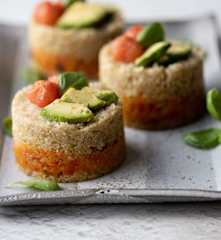 Quinoa and Vegetable Tower with Avocado and Confited Cherry Tomatoes