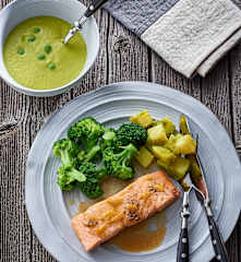 Menu with Ginger-Pea Soup, Lemon Salmon, Broccoli and Potatoes