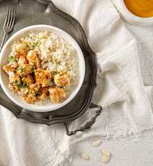Bocconcini di pollo con crema di zucca e riso basmati