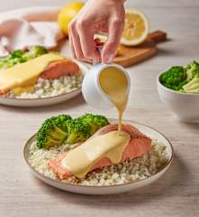 Salmon with Lemon Hollandaise, Broccoli and Rice