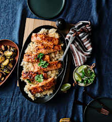 Swicy salmon with miso coconut rice and Brussels sprouts
