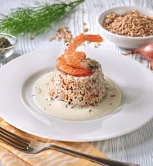 Tortino estivo di farro, topinambur e mazzancolle