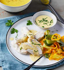 Dinner for 2 - Creamy Vegetable Soup, Steamed Chicken with Vegetable Tagliatelle and Mustard Sauce
