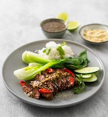 Crying Tiger beef with rice and bok choy