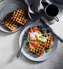 Chunky potato waffles with salmon and crispy kale