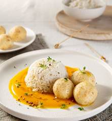 Polpettine di ricotta con crema di zucca e riso basmati