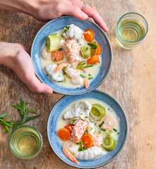 Blanquette de lotte, crevettes et saumon