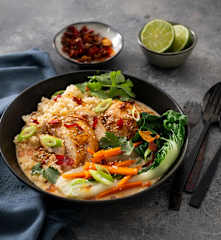 Chilli chicken and greens in coconut broth