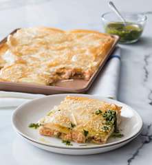 Flaky salmon pie with herb dressing