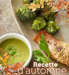 Soupe petits pois gingembre, saumon citron et brocoli