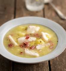 Cod Soup with Crispy Bacon and Leeks