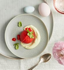 Sorbet aux fraises sur mousse de basilic