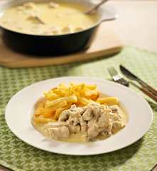 Pollo con salsa de queso y champiñones