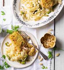 Almond crusted salmon with asparagus fettuccine
