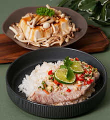 Three-in-One Steamed Thai Style Fish and Tofu with Shimeiji Mushrooms