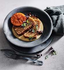 Steamed saffron sponge with burnt mandarin custard