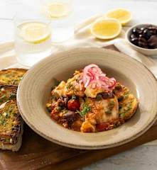 Mediterranean fish with garlic crostini