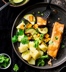 Menu with Ginger-Pea Soup, Lemon Salmon, Broccoli and Potatoes Menu with Ginger-Pea Soup, Lemon Salmon, Broccoli and Potatoes